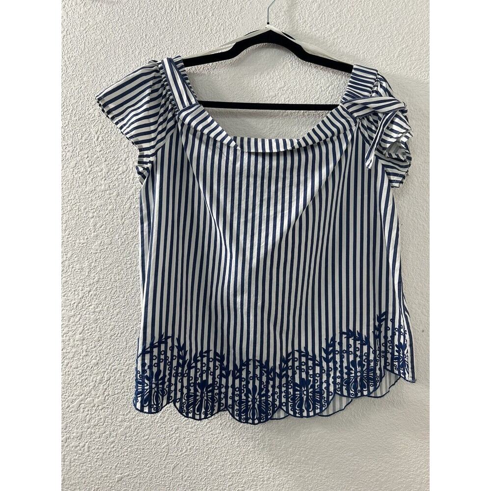 Anthropologie Dizzy Lizzy‎ Womens M Blue Striped Embroidered Tunic Off Shoulder
